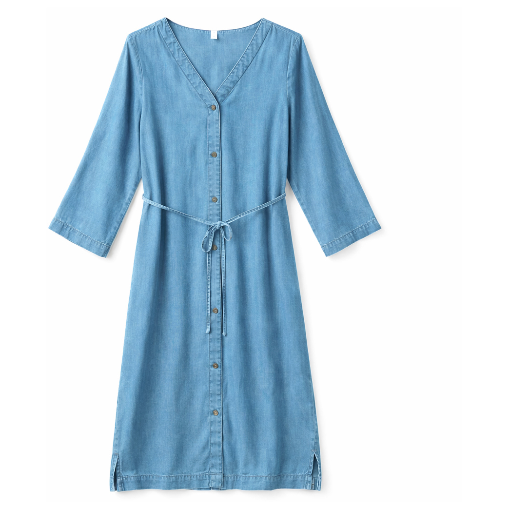 Mazine -  Women's V-Neck Tencel Midi Dress - Rock
